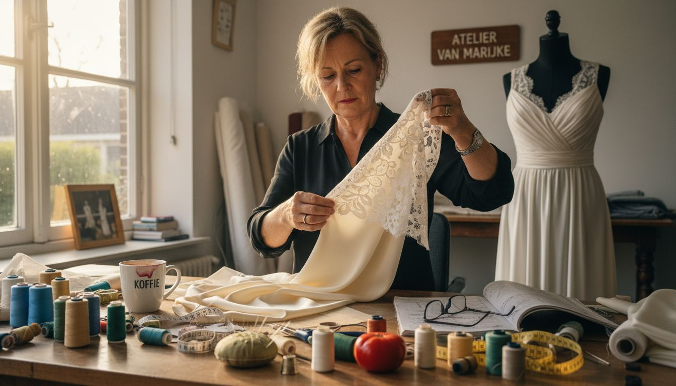 Een coupeuse bestudeert zorgvuldig de fijne details van zijde en kant.