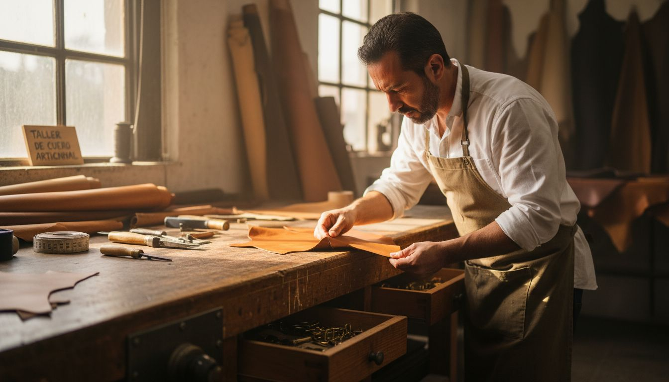 Un artesano revisa cuidadosamente la calidad de las pieles exclusivas utilizadas en la fabricación de productos de lujo.