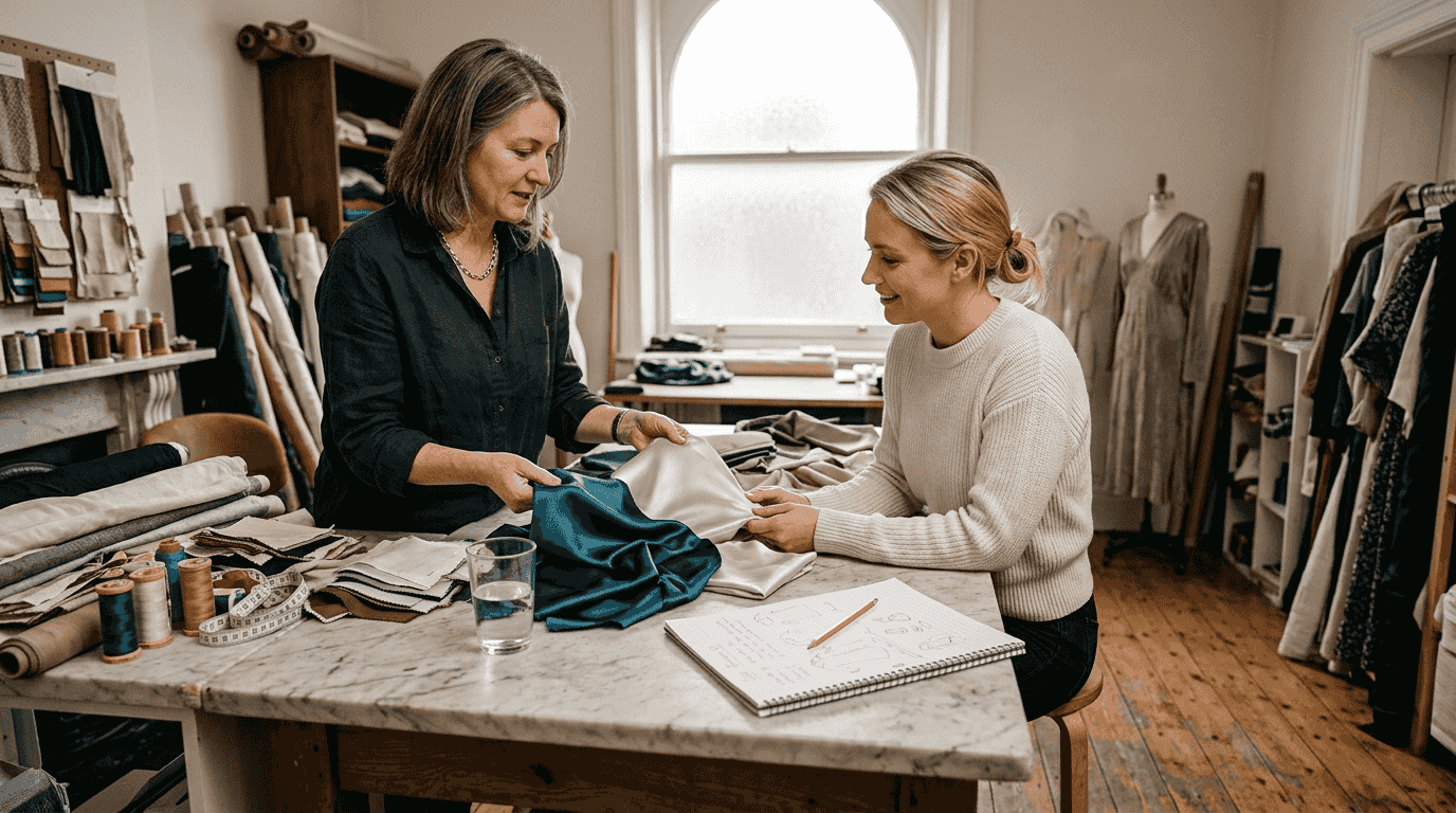 Assistant showing gown fabrics in designer studio