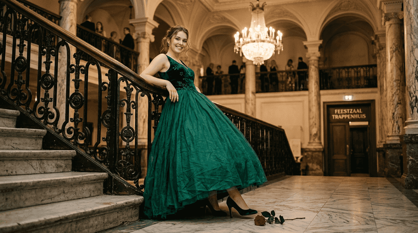 Een vrouw in een elegante baljurk staat in de imposante hal bij de entree.