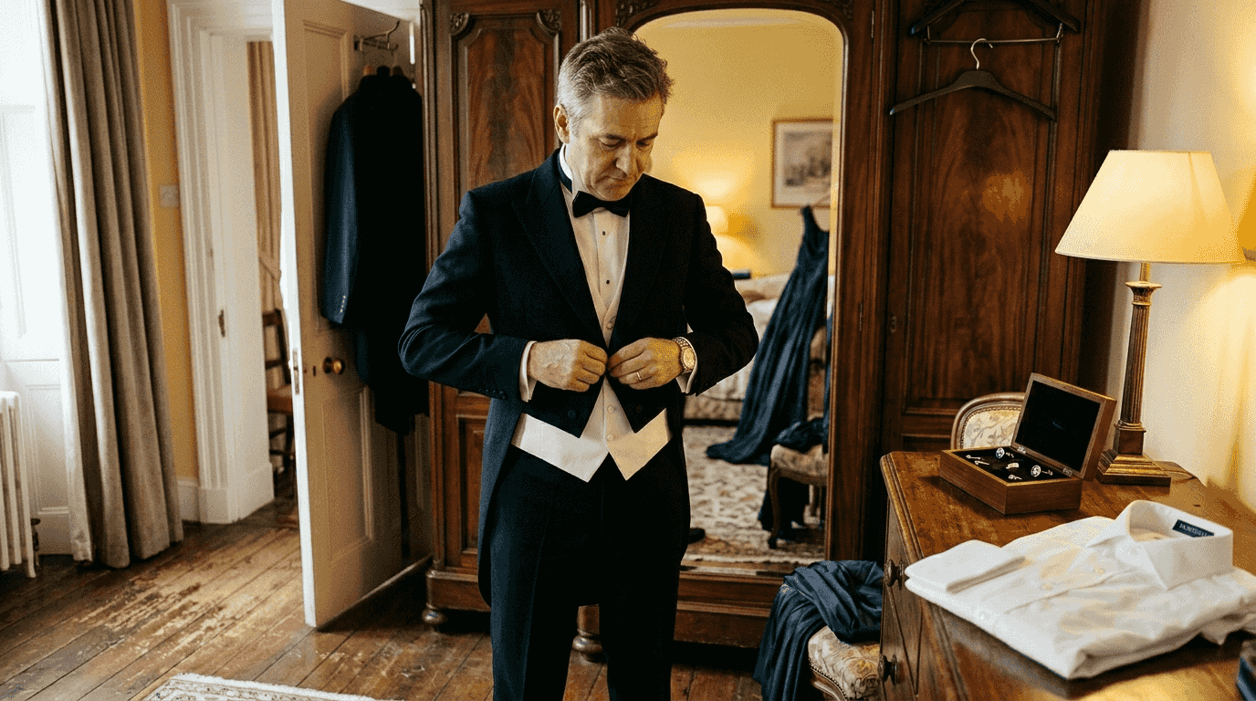 Un uomo elegante in frac si prepara davanti allo specchio nel camerino