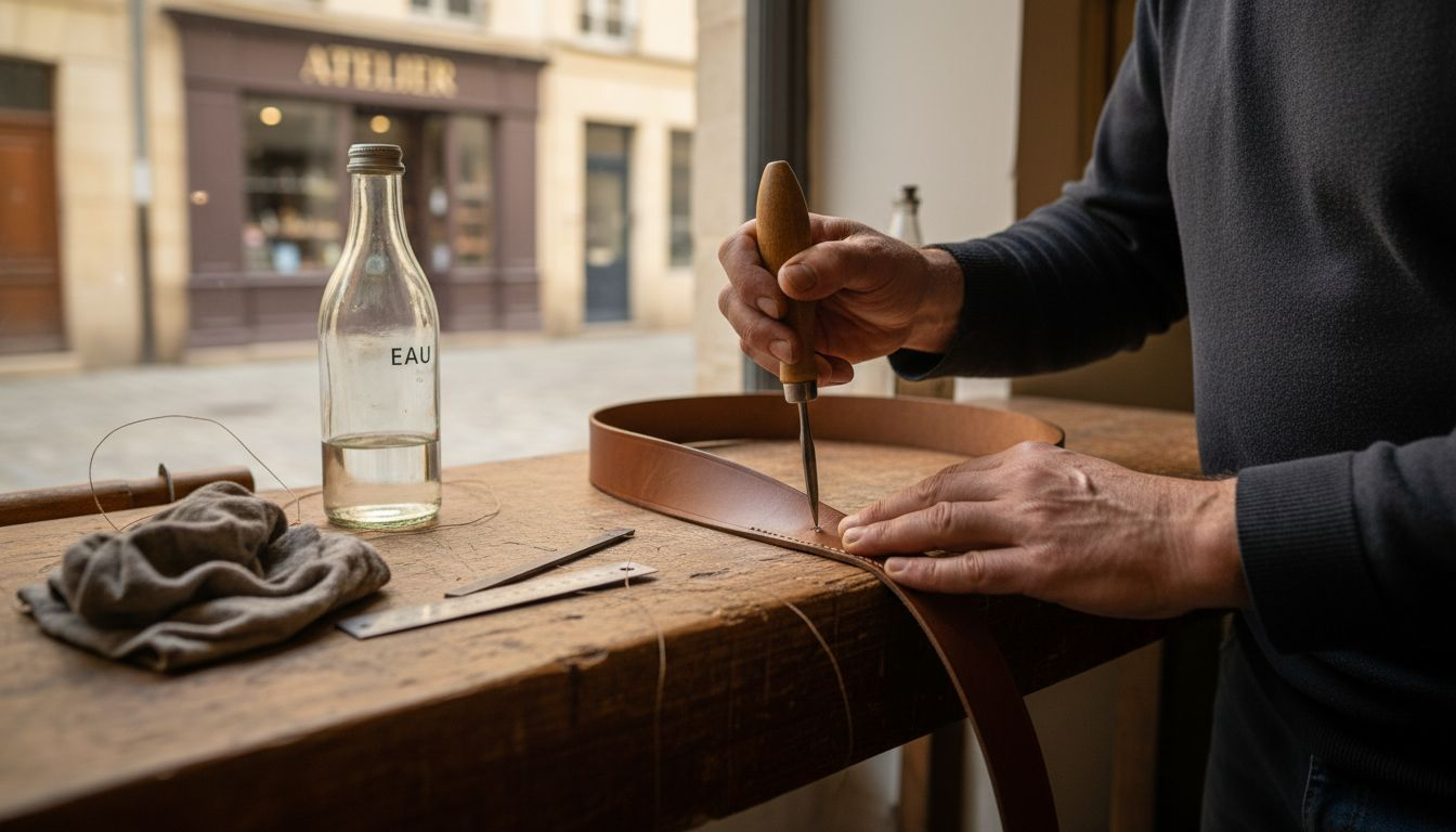 Zoom sur le savoir-faire d’un artisan en pleine confection d’une ceinture en cuir haut de gamme.