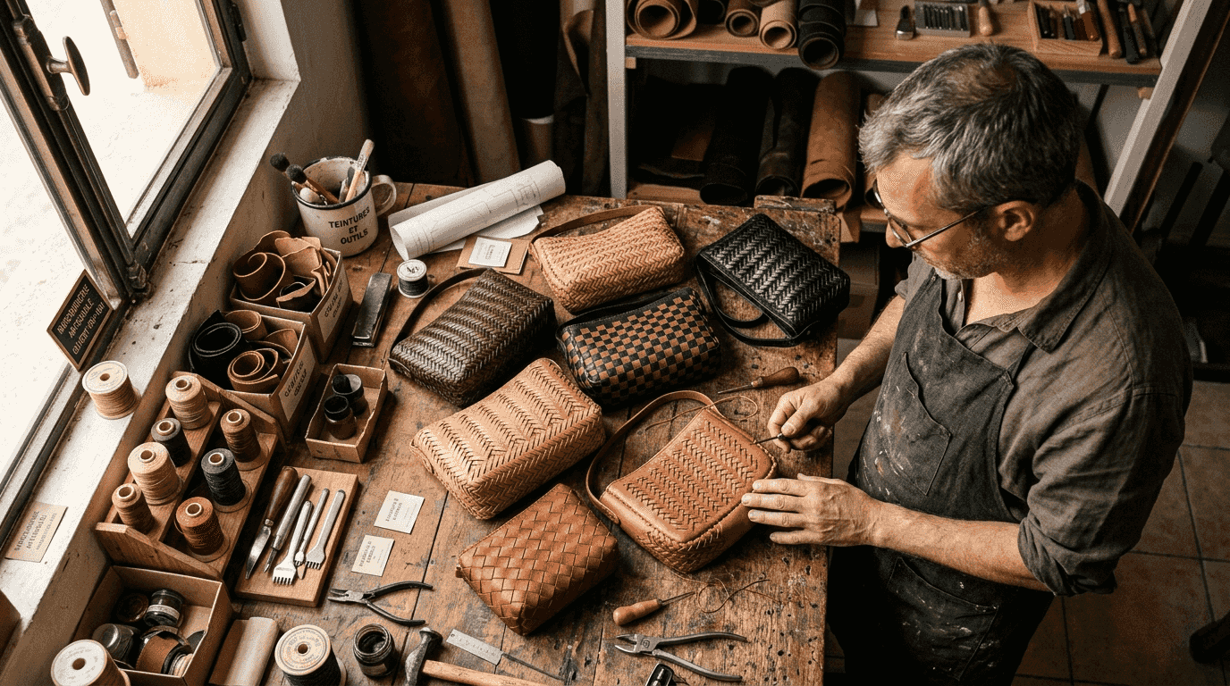 Sacs en cuir tressé réalisés à la main dans un atelier d’artisan.