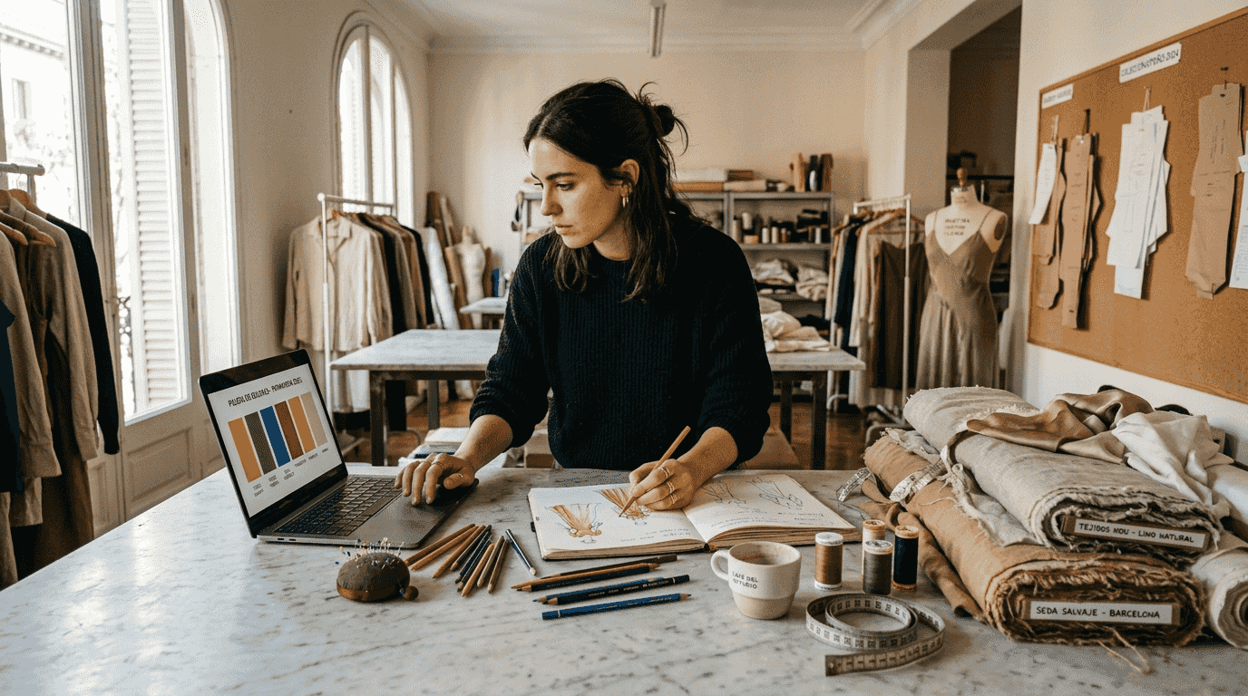 Diseñadora trabajando en su portátil en un estudio de moda
