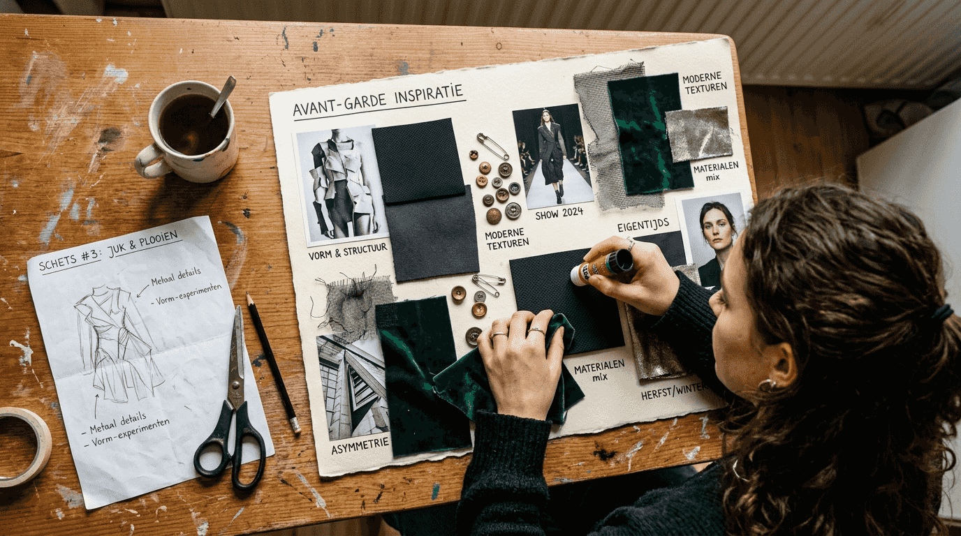 Moodboard met stofstalen en knopen pipeline