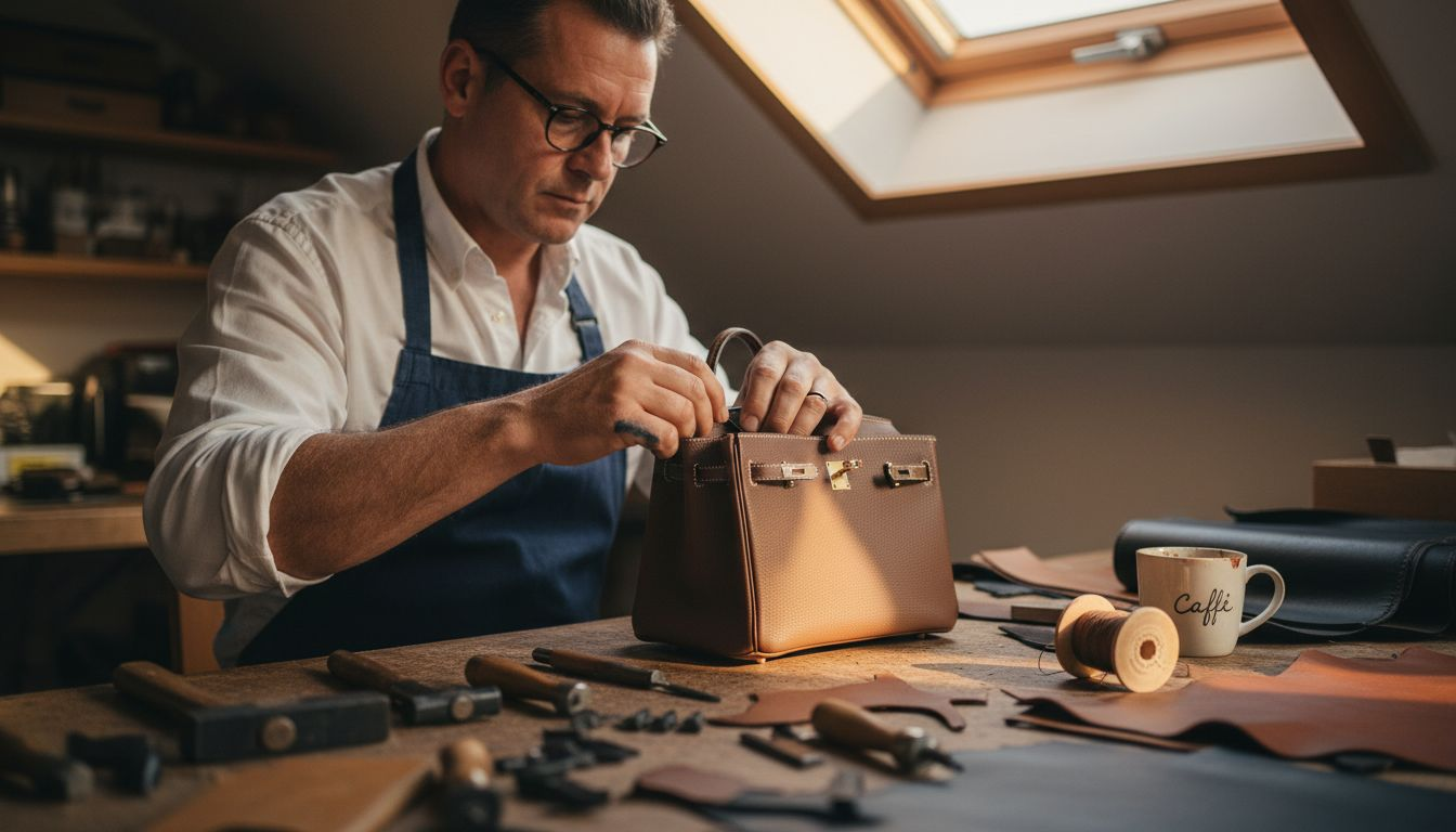 Un artigiano all’opera nella realizzazione a mano di una borsa Birkin Hermès