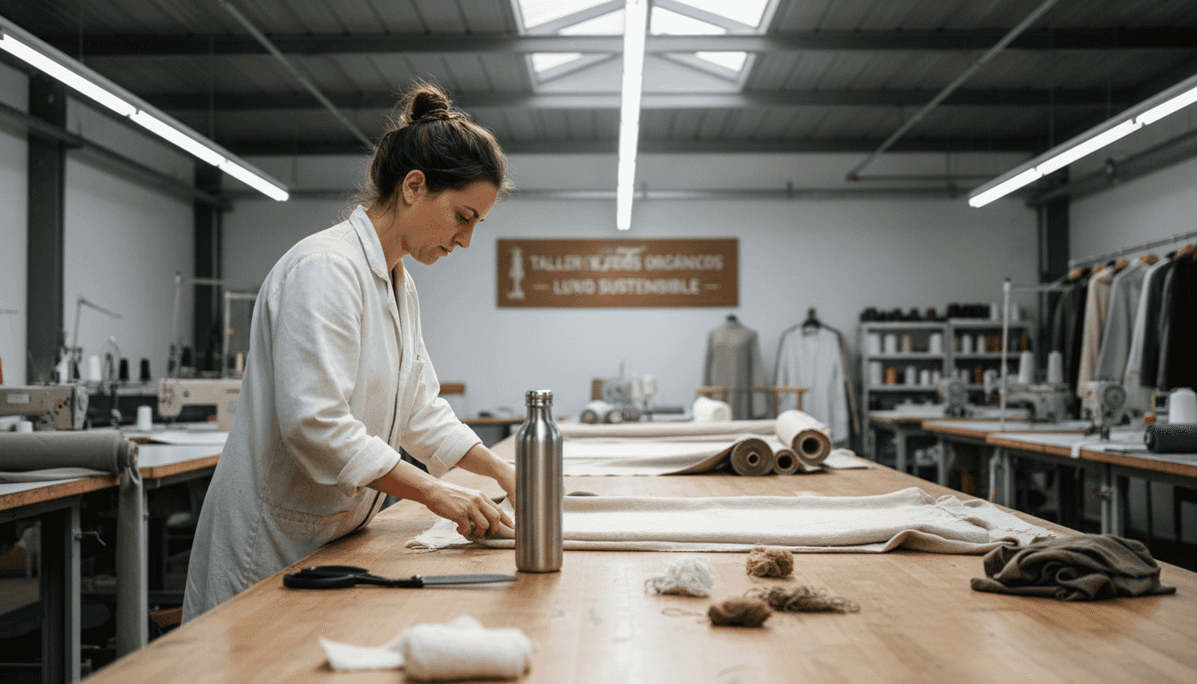 Especialista en ingeniería textil evaluando materiales ecológicos para la confección de prendas.