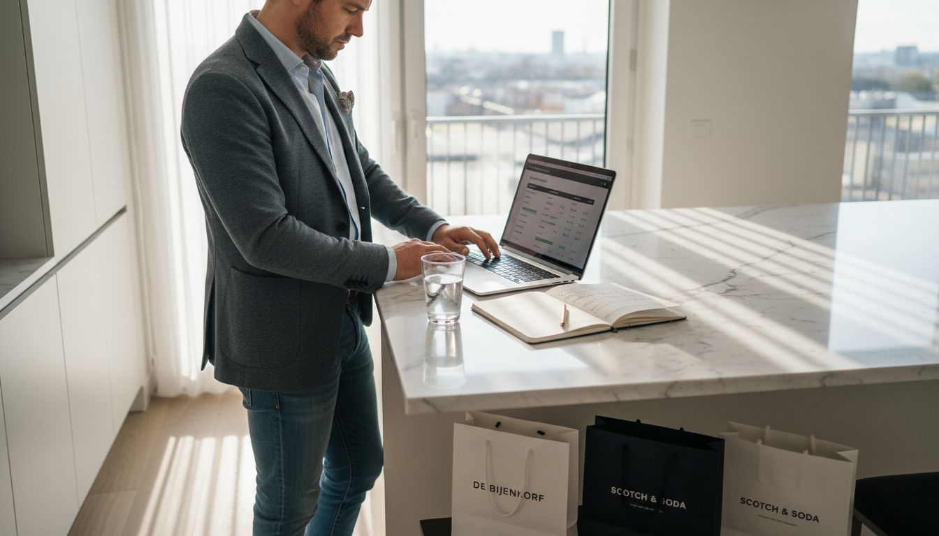 Man controleert blockchaintransactie bij aankoop van een luxeproduct