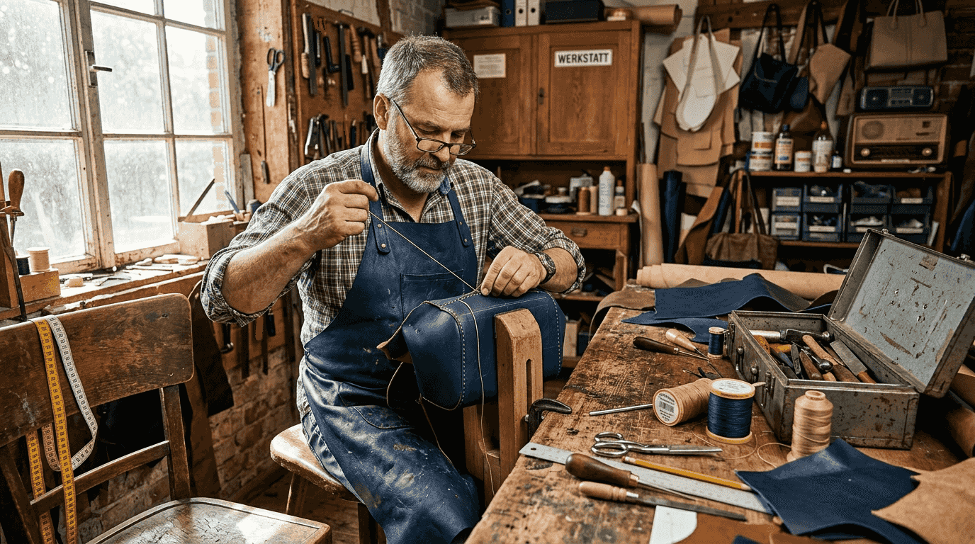Mit viel Liebe zum Detail fertigt eine erfahrene Handwerkerin an ihrer Werkbank eine exklusive Luxus-Handtasche.