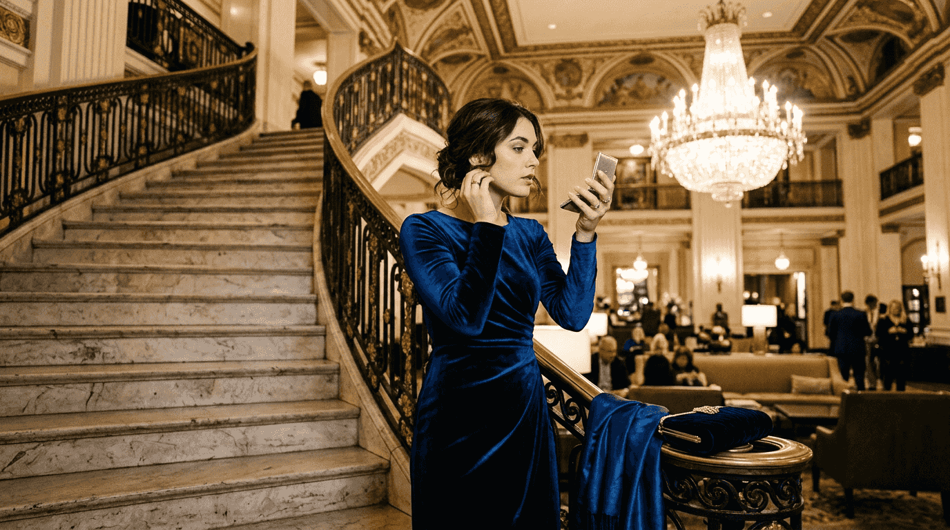 Woman in velvet gown by ornate staircase