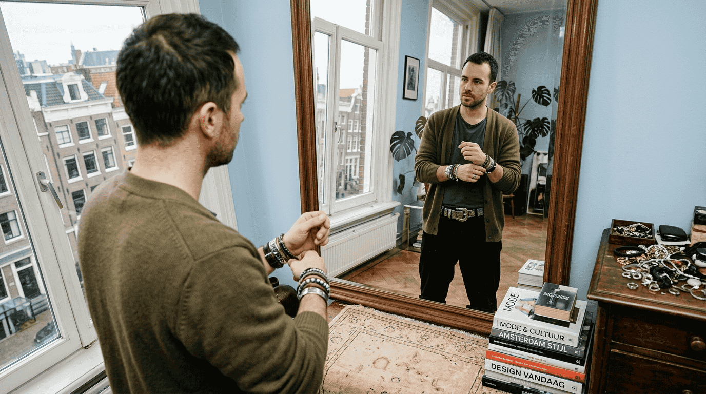 Man combineert verschillende metalen accessoires in de studio