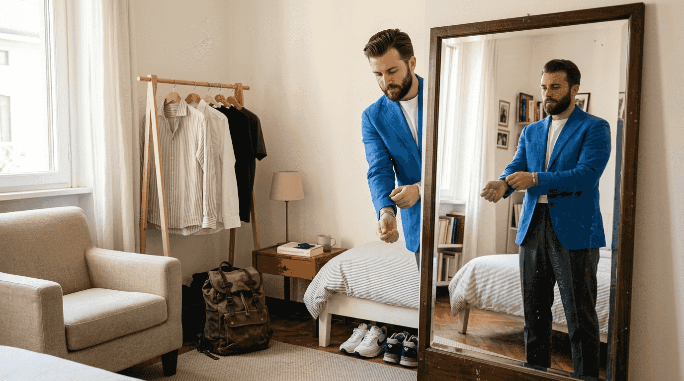 Un uomo sistema il suo blazer colorato davanti allo specchio.