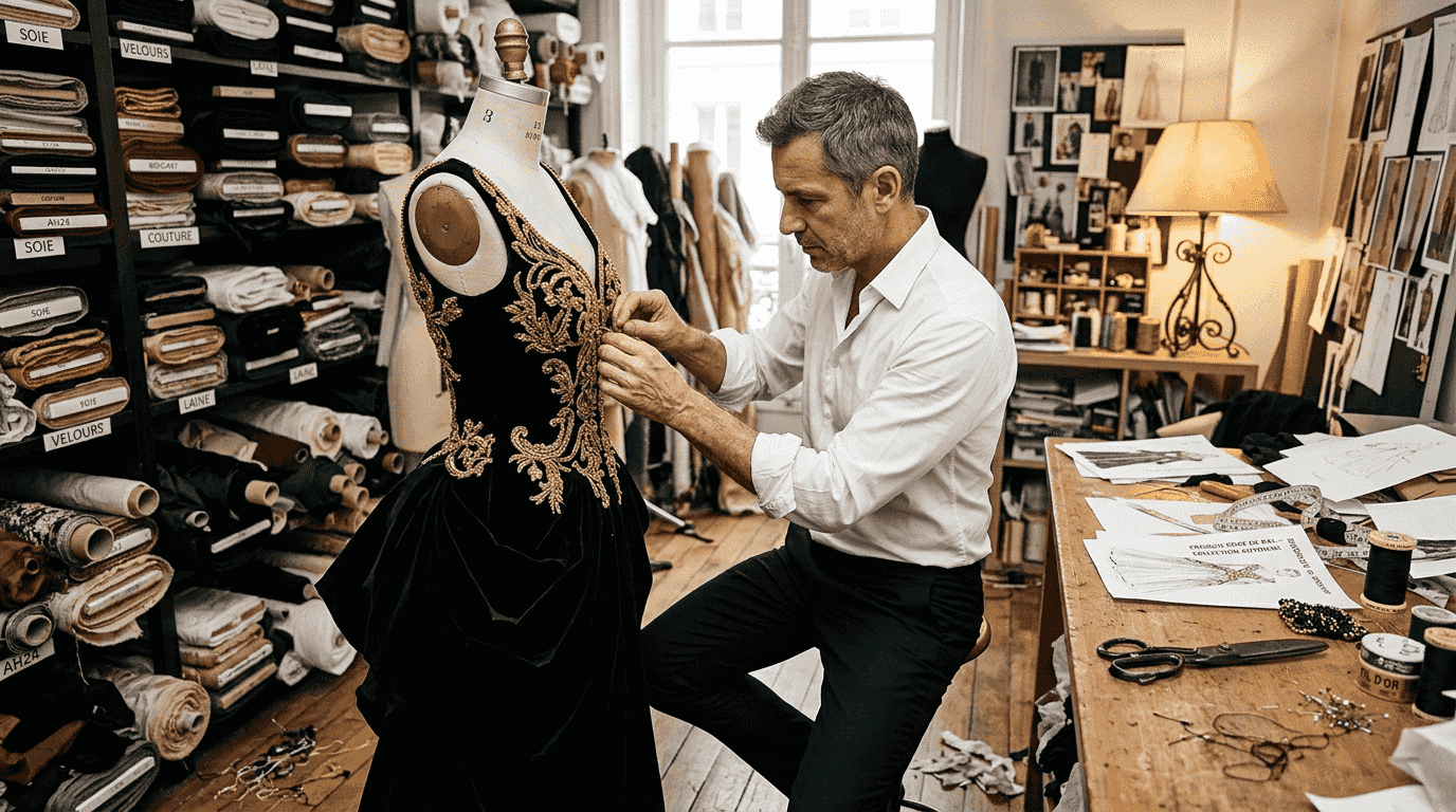 Un créateur de mode en plein travail sur la conception d’une robe de haute couture.