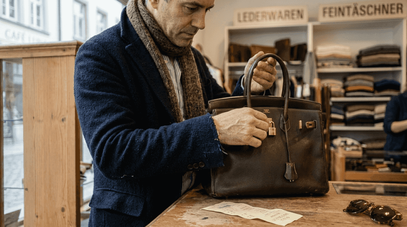 Ein Mann begutachtet eine exklusive Designertasche.