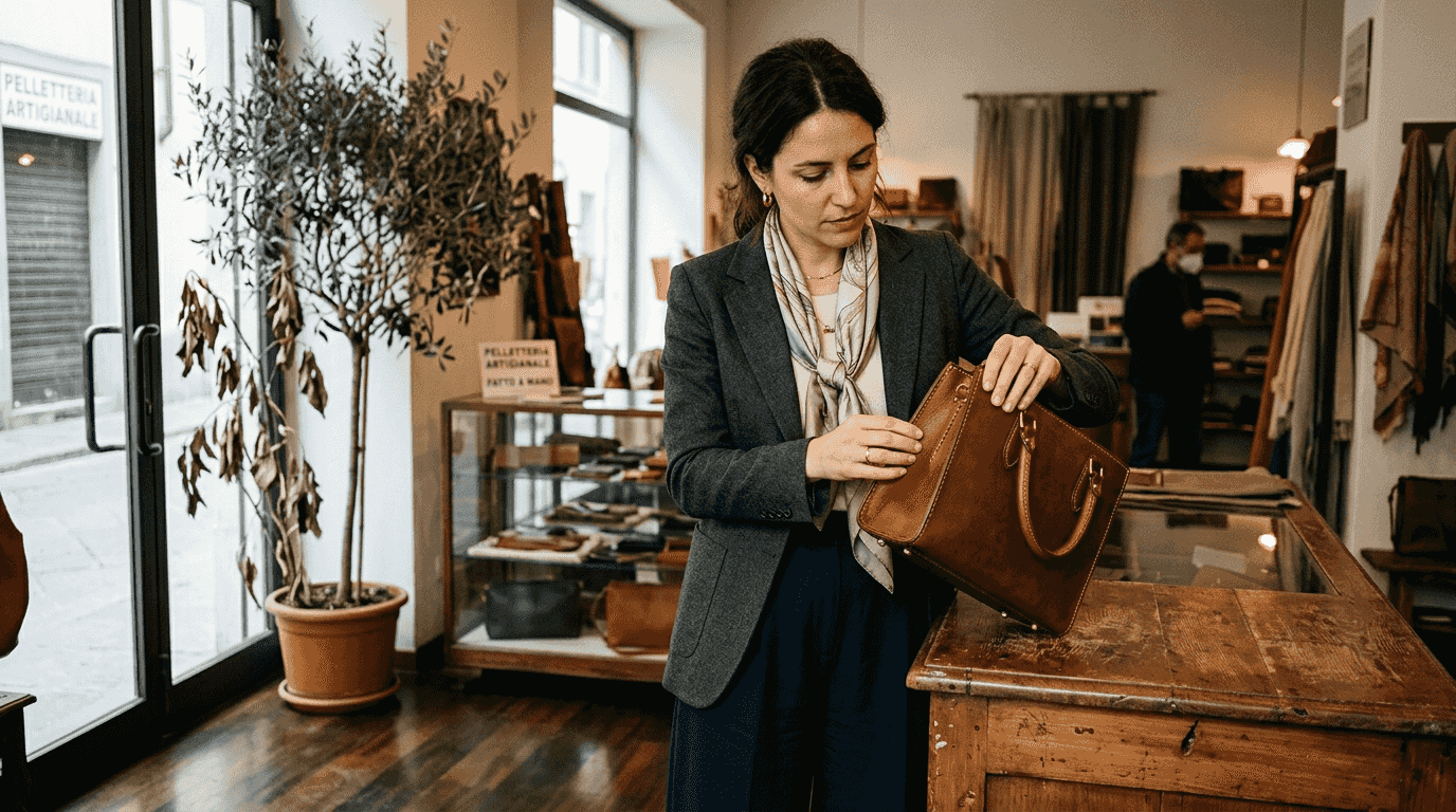 Una donna osserva con attenzione una borsa in pelle di alta qualità.
