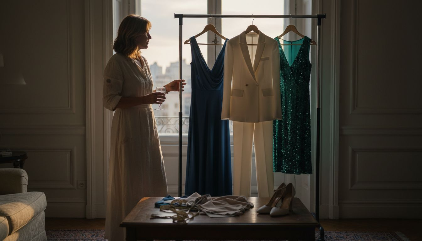 Una mujer selecciona prendas exclusivas en un elegante salón de estilo clásico.