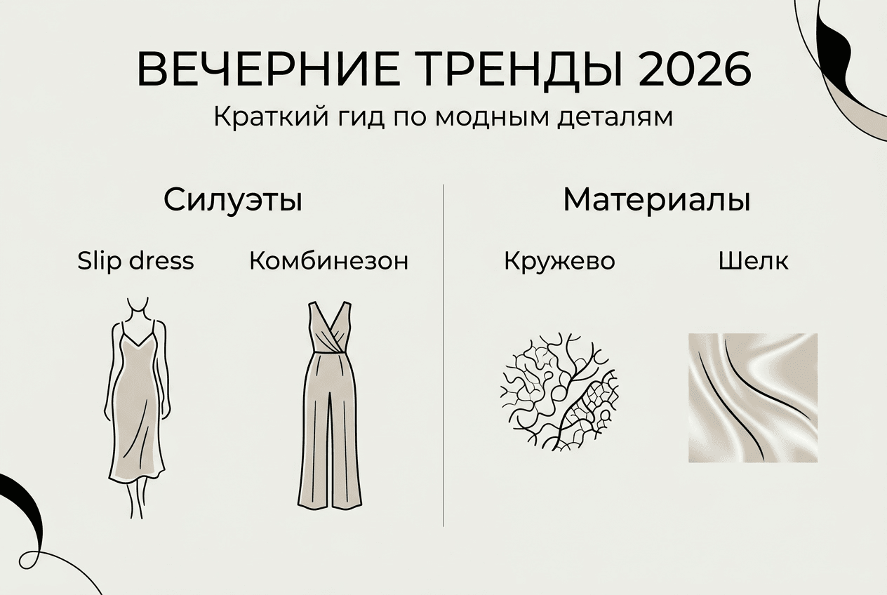 Обзор ключевых тенденций в вечерней моде 2026 года: инфографика