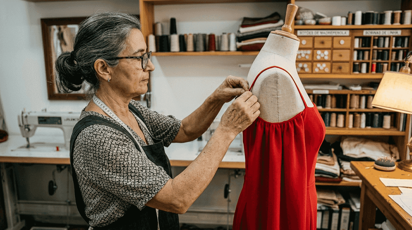 Uma costureira a dar os últimos retoques num vestido de gala, garantindo que cada detalhe fica perfeito.