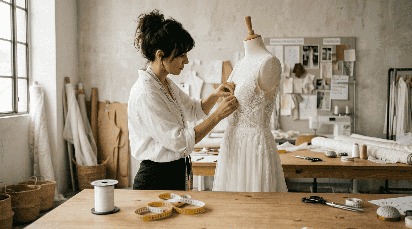 Modista realizando los últimos retoques al vestido de una novia moderna