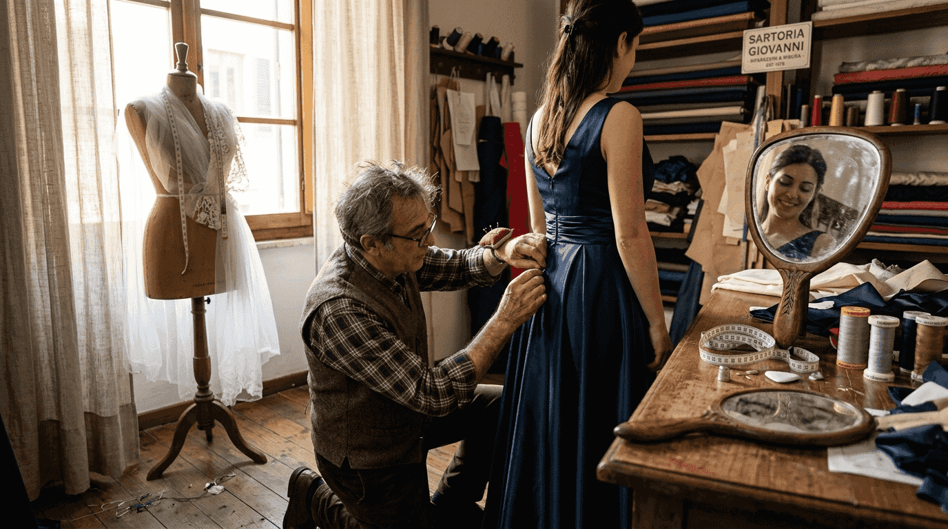 Abito da sera in raso realizzato su misura nel nostro atelier