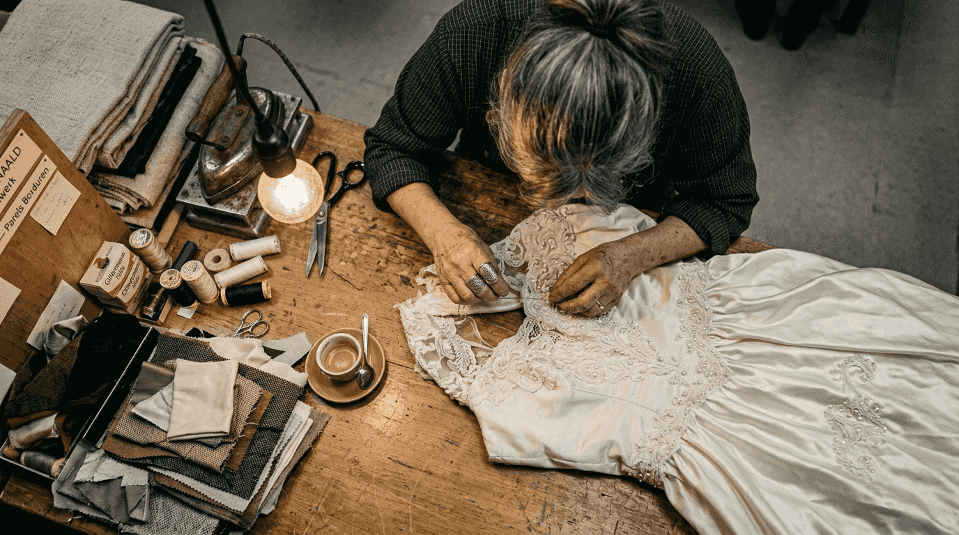 Met de hand verfijnd borduurwerk aan de couture bruidsjurk, zorgvuldig uitgevoerd aan tafel.