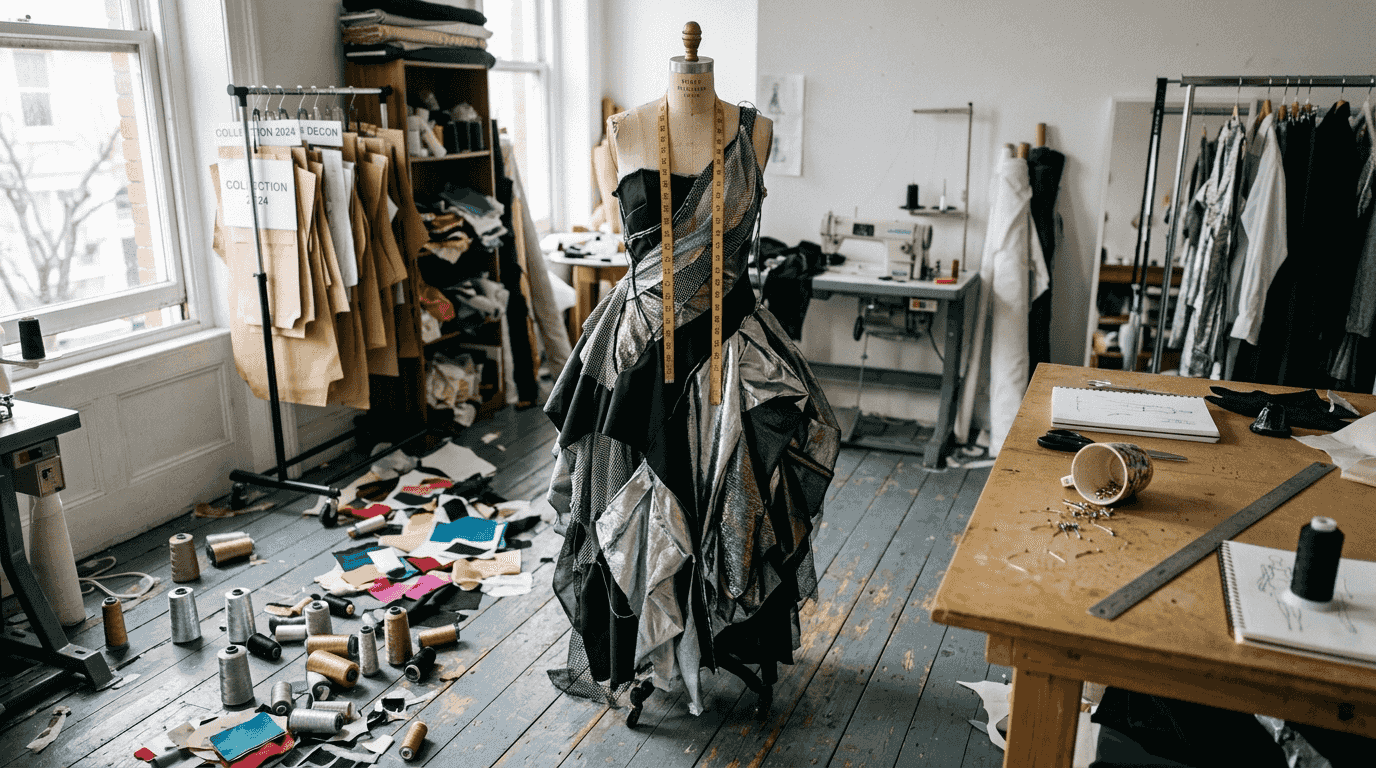 Deconstructed partywear dress on form in studio