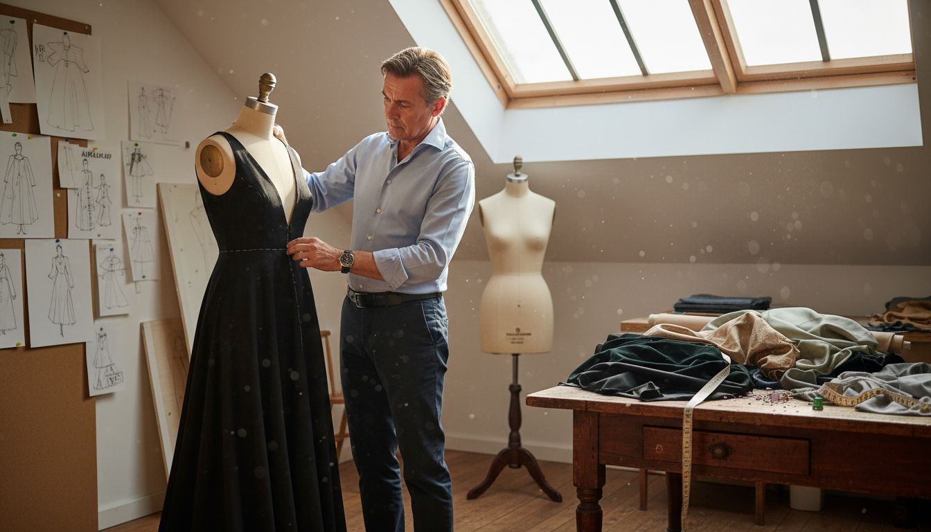 Ein Designer begutachtet ein luxuriöses, von Hand gefertigtes Kleid und prüft sorgfältig die feinen Details der Naht.