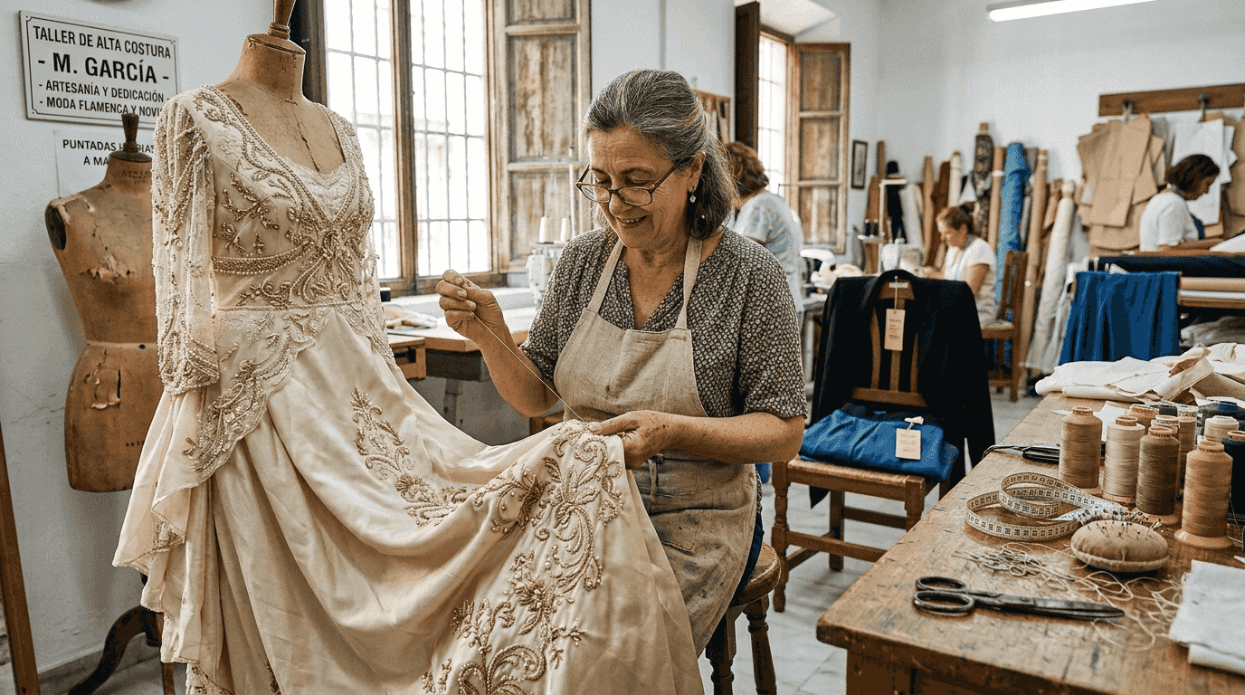 Un sastre confecciona un vestido a mano en su taller, cuidando cada detalle con dedicación.
