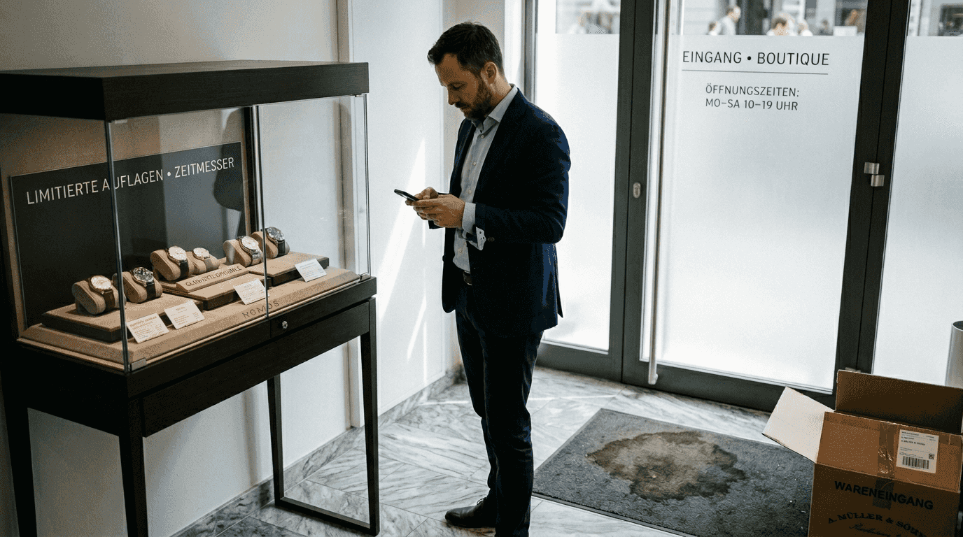 Ein Mann steht in einer Boutique und wartet, direkt neben der Auslage mit edlen Uhren.