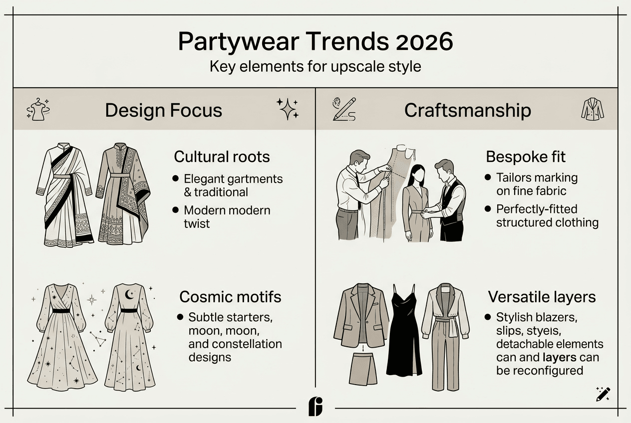 Infographic on 2026 partywear trends and elements