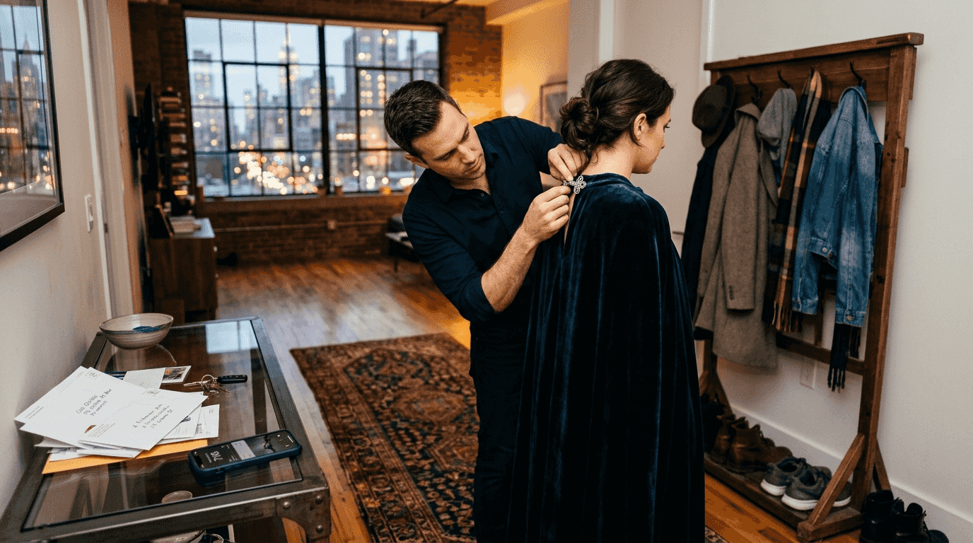 Couple layering partywear with dramatic cape