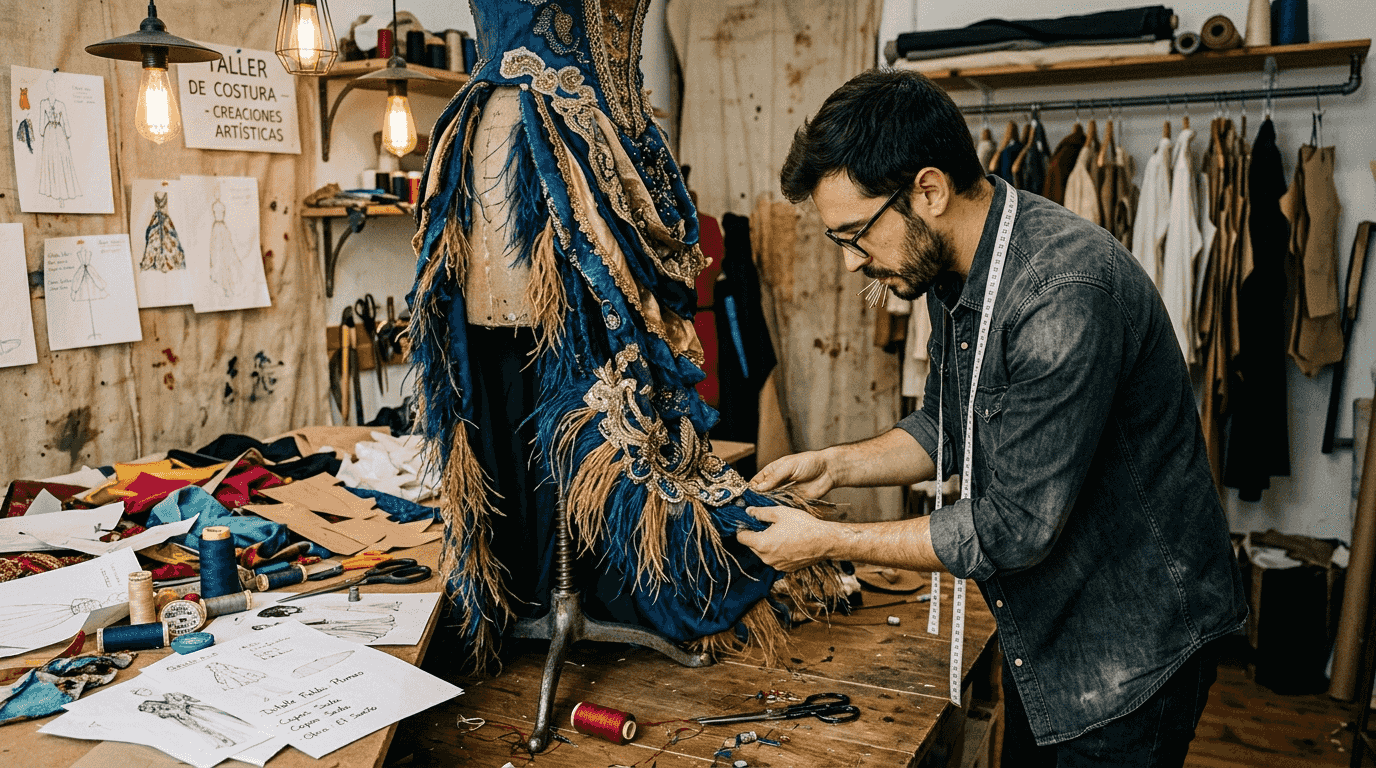 Diseñador dando los últimos retoques a un vestido de alta costura de ensueño