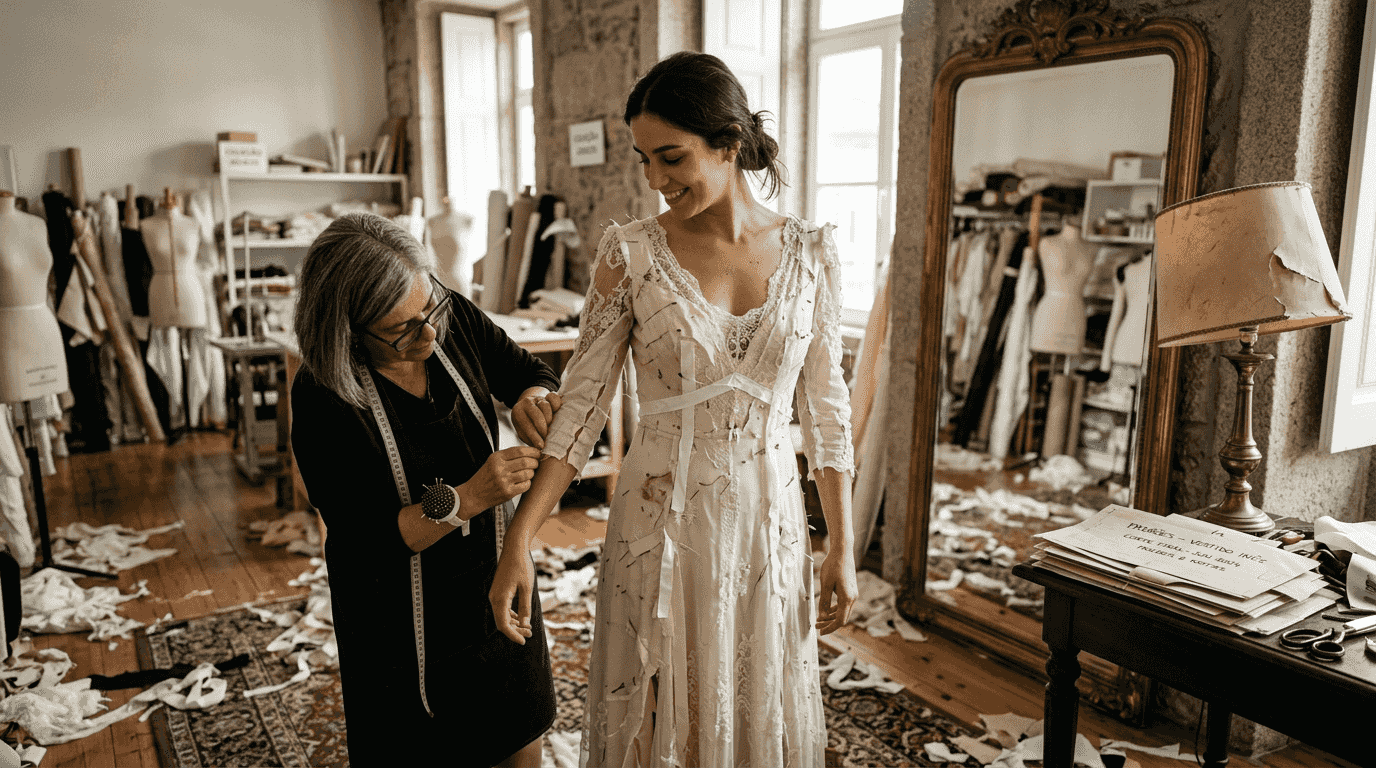 Prova de roupa com modelo e costureira