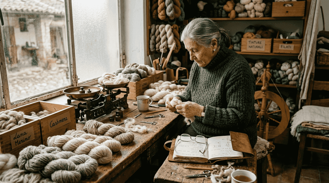 Un artigiano seleziona con cura le fibre di merino e cashmere
