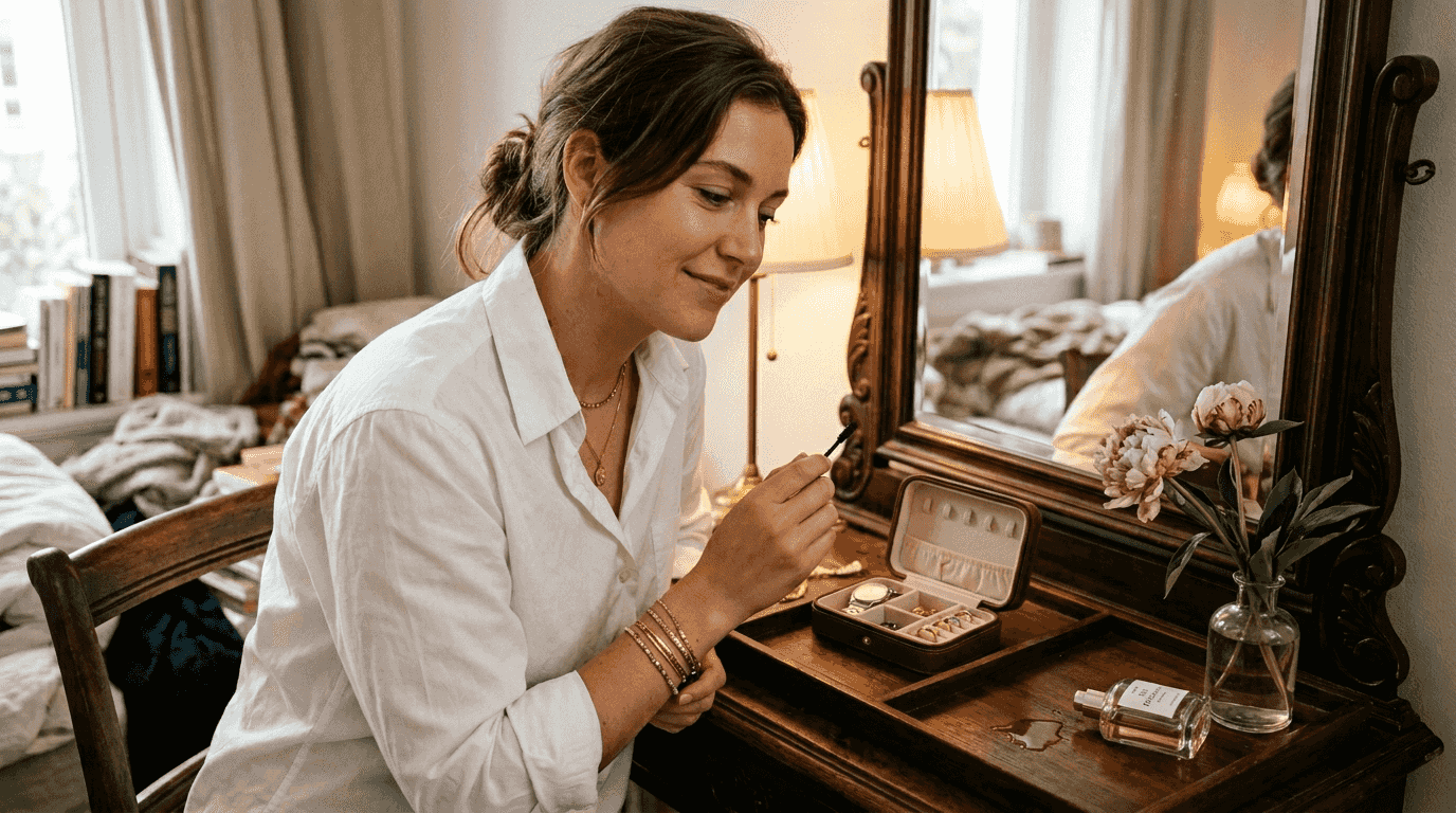 Une femme enfile un collier en or devant sa coiffeuse.