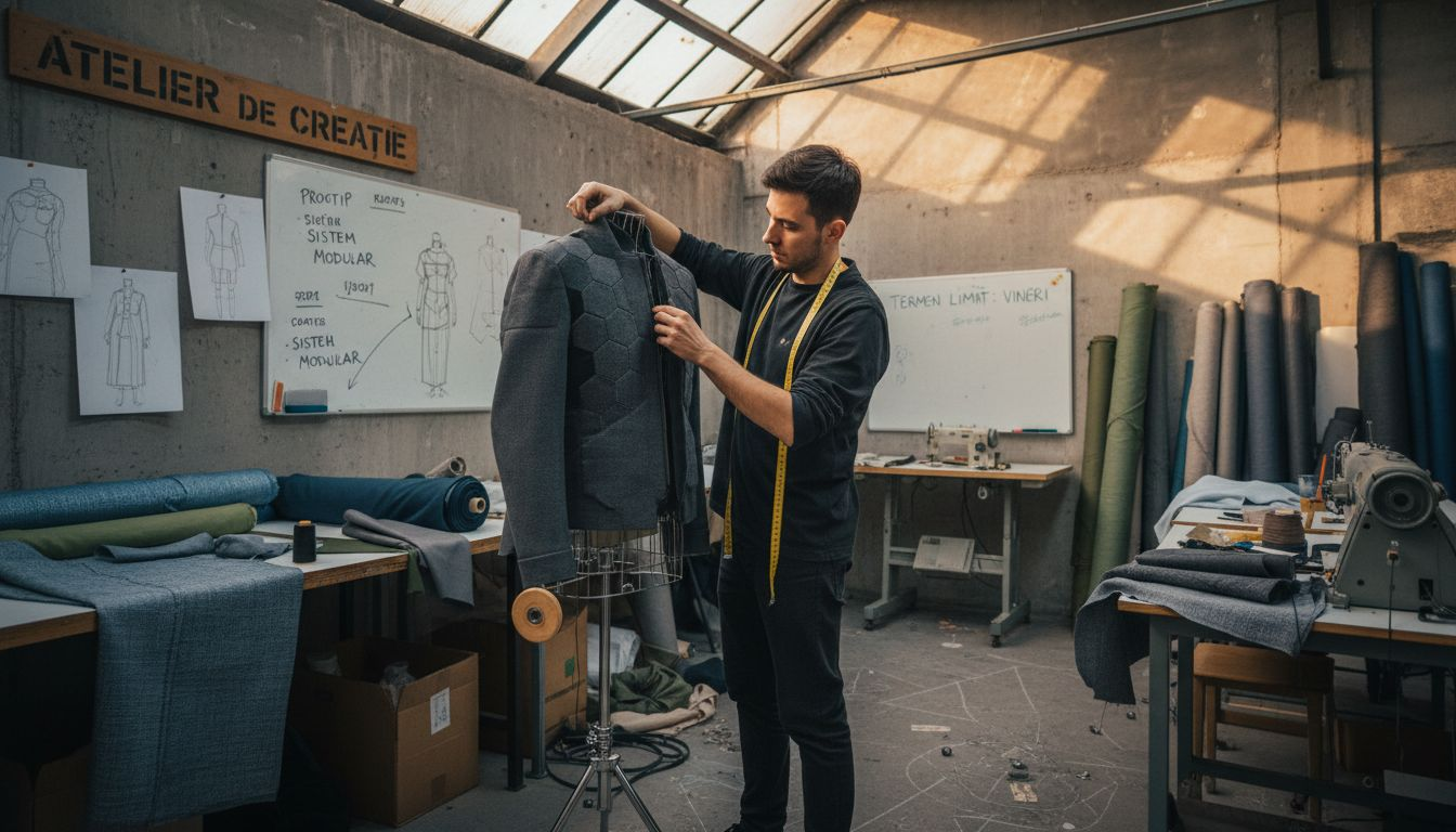 Un designer ajustează o jachetă modulară în atelierul de creație vestimentară.