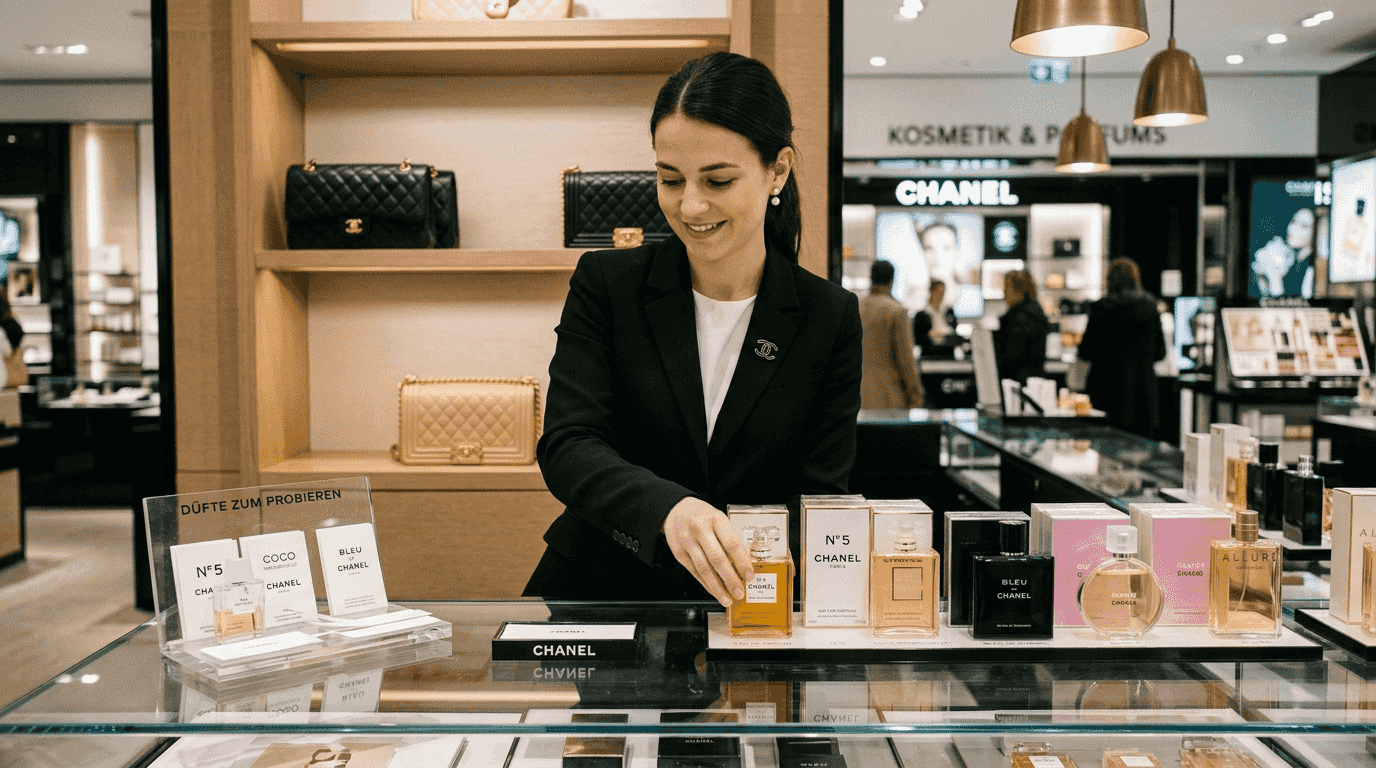 Eine Chanel-Mitarbeiterin ordnet die Produkte am Verkaufstresen und sorgt für eine ansprechende Präsentation.