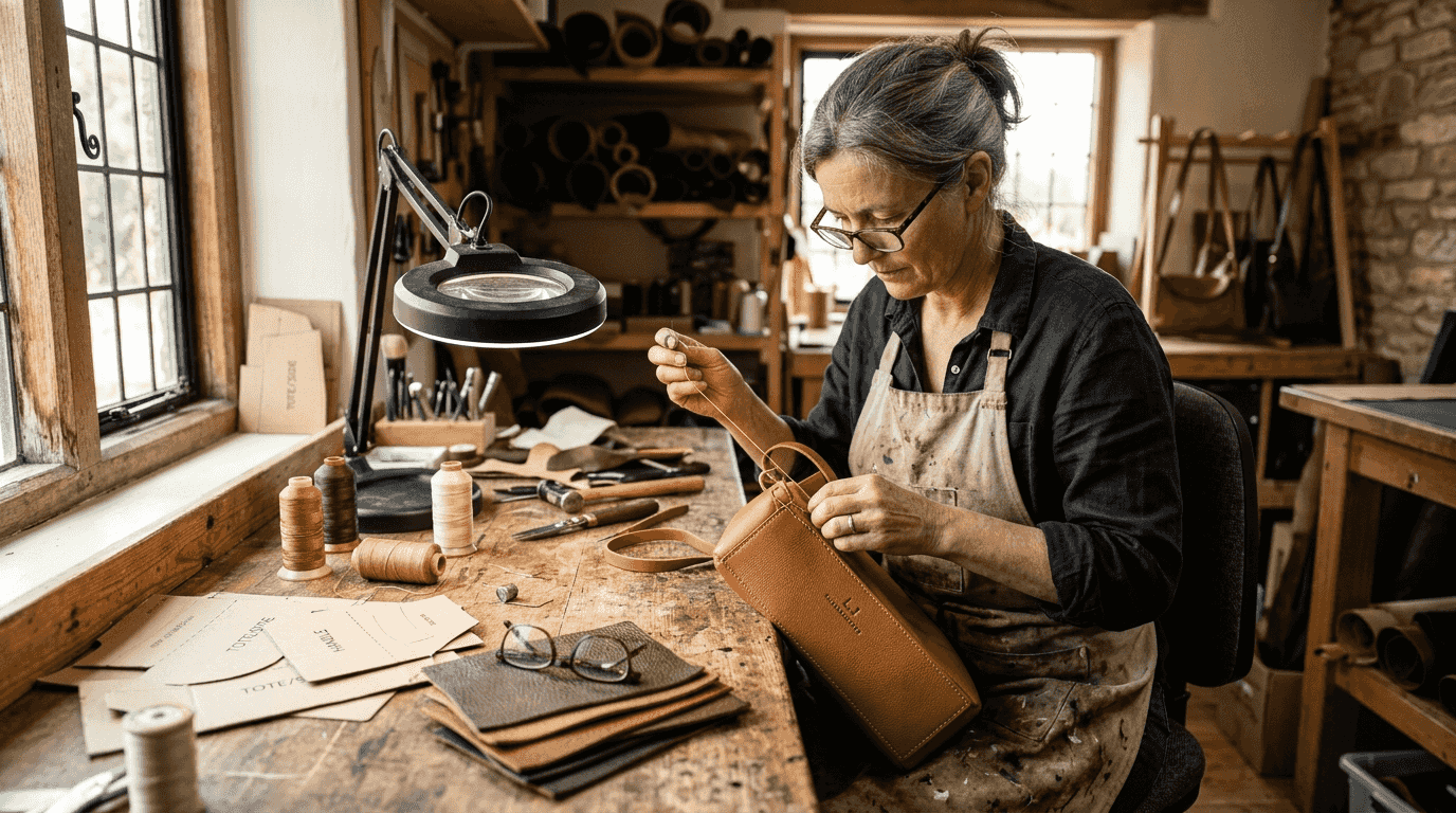 Artisan hand-stitching luxury leather handbag