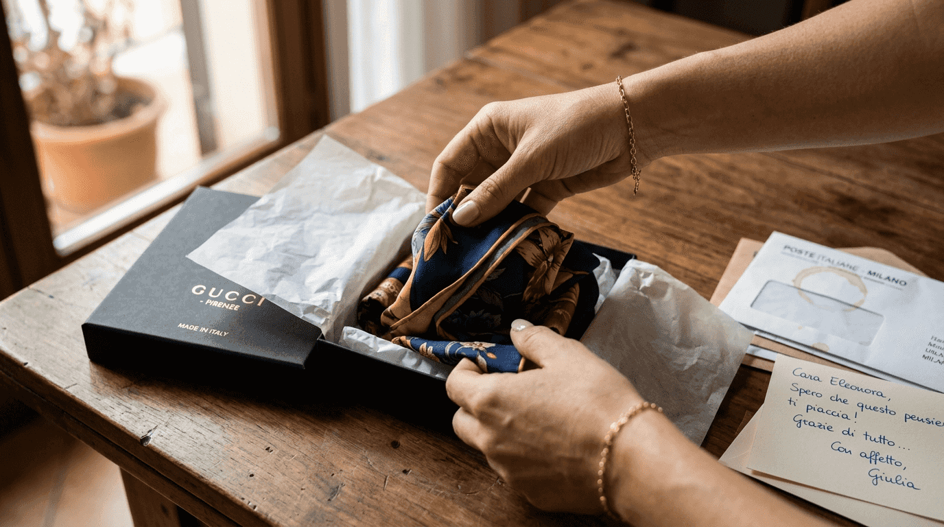 Le mani che aprono con emozione un pacco di moda di lusso, svelando ogni dettaglio esclusivo.