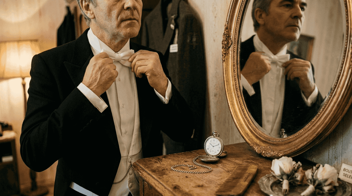 Detaliu de stilizare a fracului cu papion alb