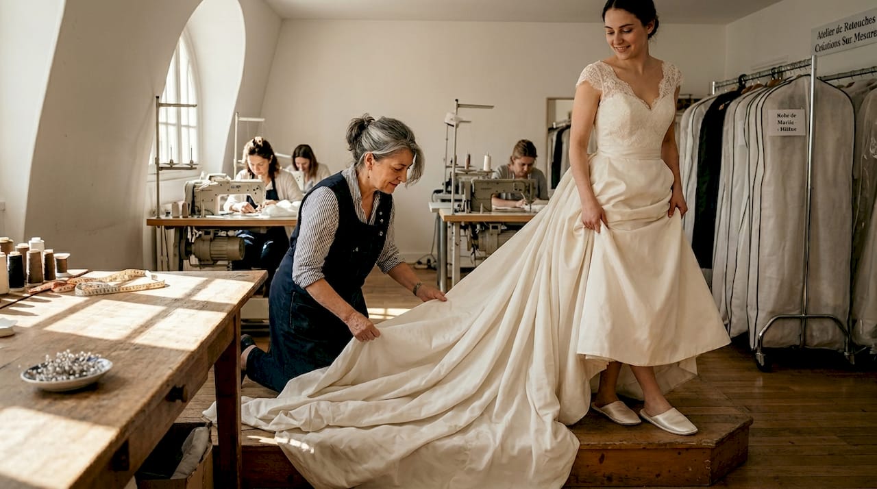 Une couturière retouche la traîne d’une robe de mariée haute couture.