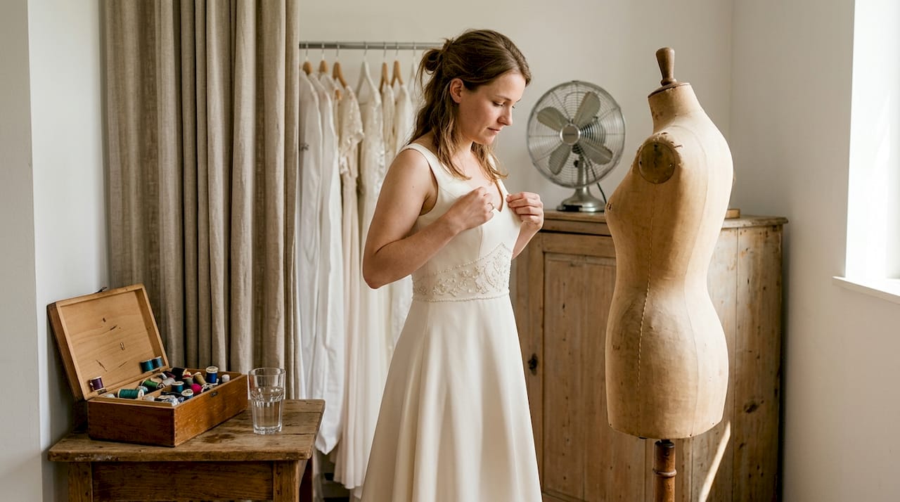 Uitleg over het passen van een A-lijn trouwjurk in ons atelier