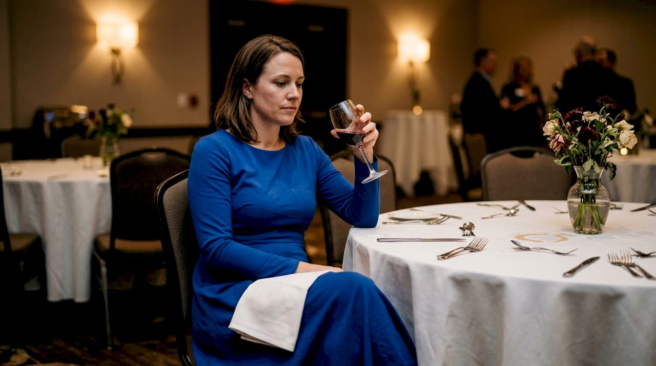 Una mujer vestida con un elegante vestido azul se encuentra sentada en la mesa del banquete.