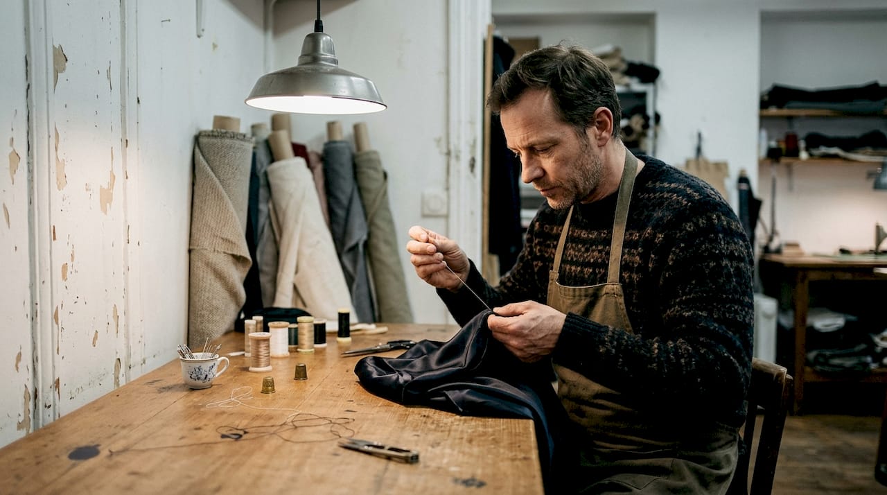 Dans son atelier parisien, un artisan confectionne minutieusement des vêtements sur mesure.