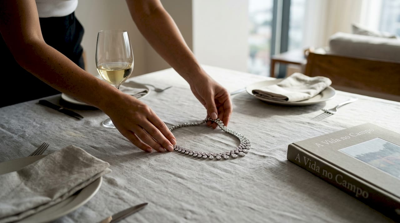 Mãos a compor um colar de diamantes sobre a mesa