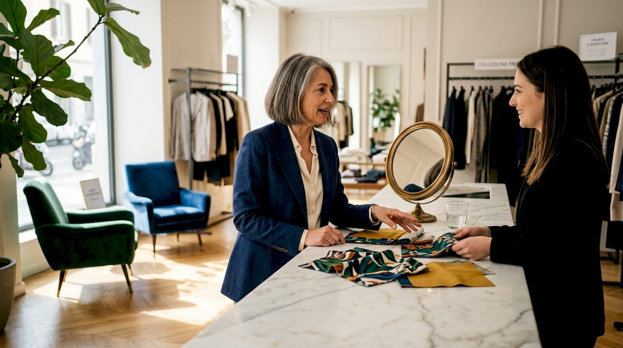 Un cliente si intrattiene tra le eleganti vetrine di una boutique di alta moda, esplorando le collezioni e dialogando con il personale attento alla ricerca del capo perfetto.