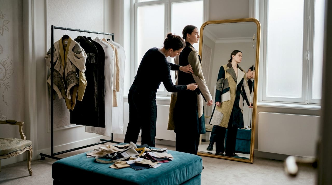 Een stylist past een exclusieve avant-garde jas op een model aan.