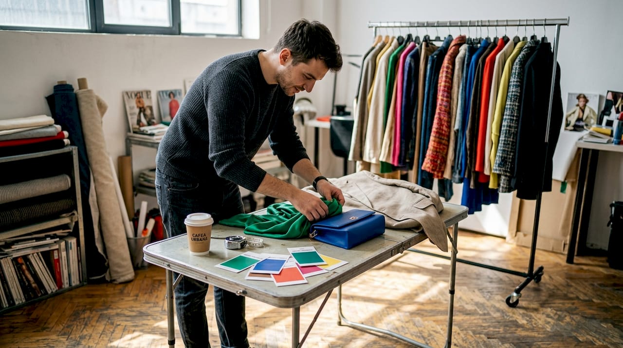 Stilistă care aranjează accesorii de lux într-un studio