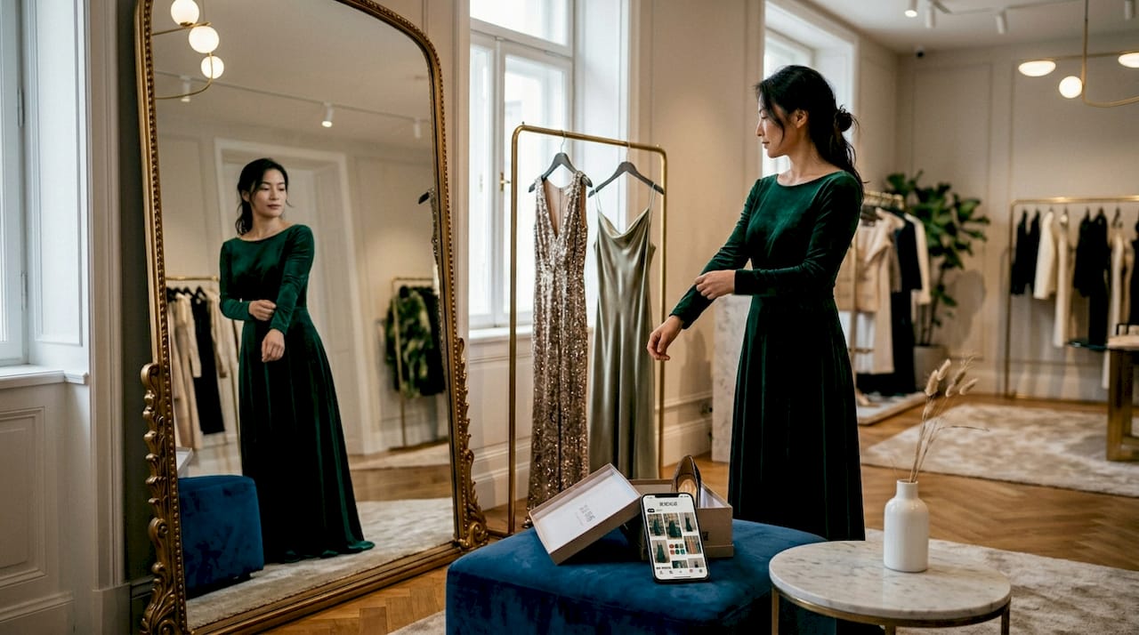 一位女士正在试穿一条高档晚礼服，仔细感受剪裁和版型是否合身。