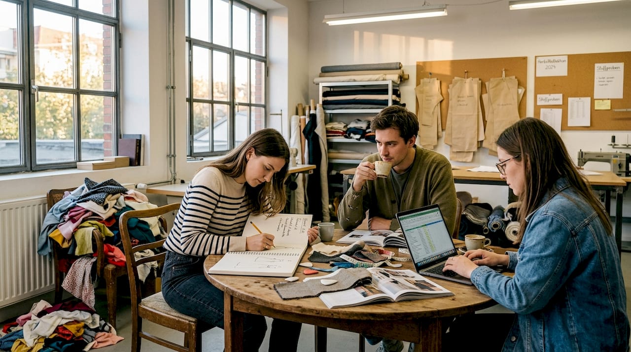 Ein kreatives Modedesign-Team tauscht sich gemeinsam am Tisch aus und arbeitet an neuen Entwürfen.